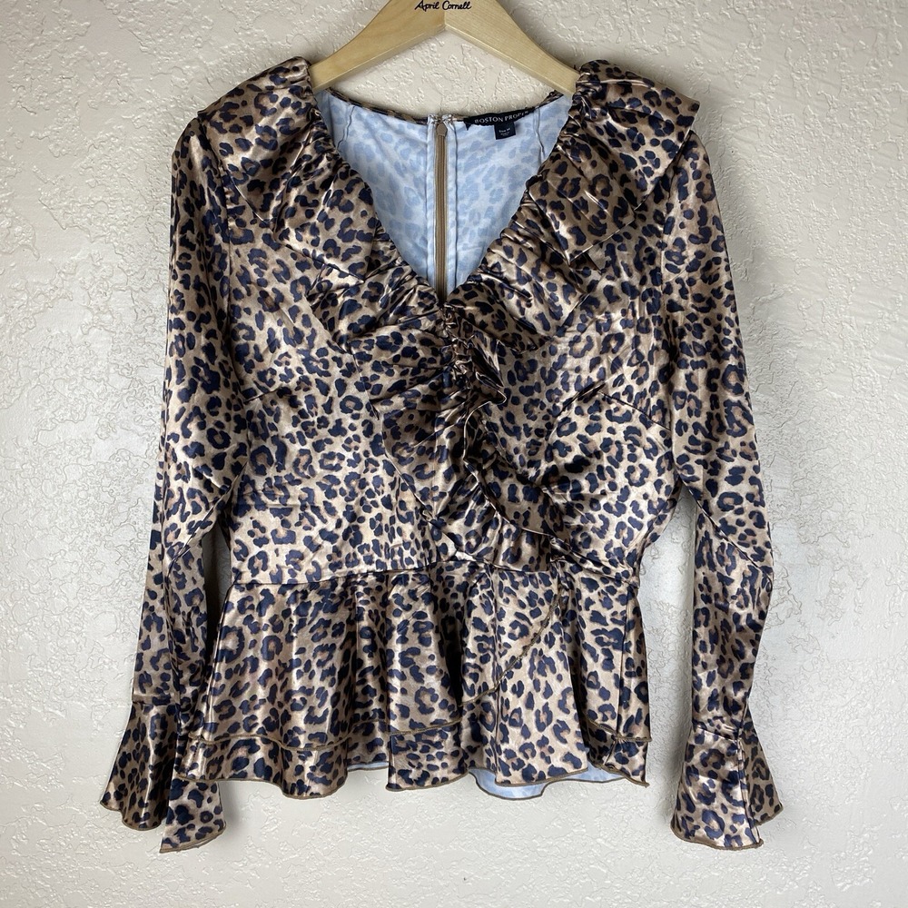 Boston Proper 14 Satin Blouse Ruffle Animal Print Leopard Peplum Brown Career